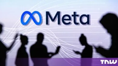 Silhouetted people standing against a glowing background with the Meta logo and abstract network lines