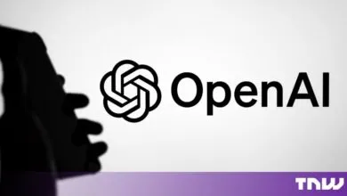 OpenAI logo against a bright background with a dark silhouetted figure on the left