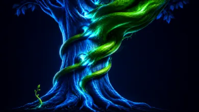 Glowing blue tree trunk wrapped in vibrant neon green vines against a dark background.