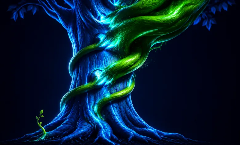 Glowing blue tree trunk wrapped in vibrant neon green vines against a dark background.