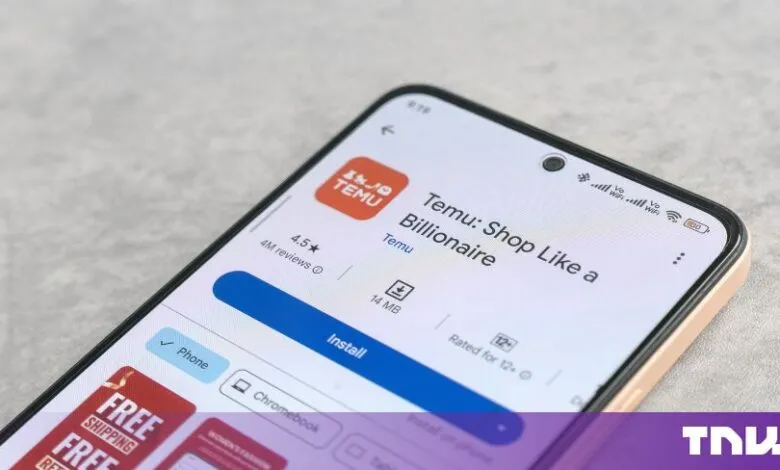 Close-up of a smartphone displaying the Temu shopping app on an app store screen