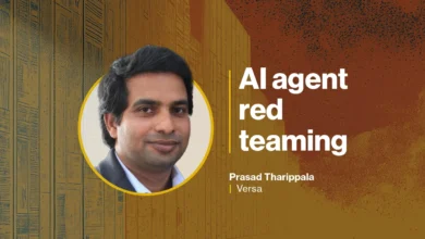 Portrait of Prasad Tharippala alongside the text AI agent red teaming against an orange and brown backdrop.