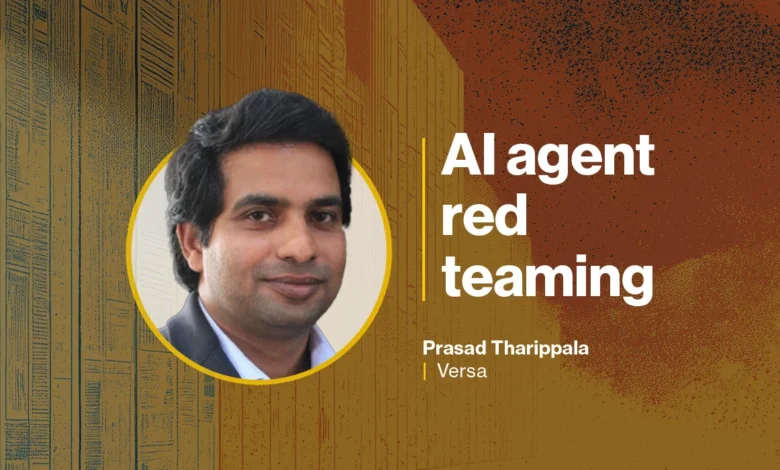 Portrait of Prasad Tharippala alongside the text AI agent red teaming against an orange and brown backdrop.