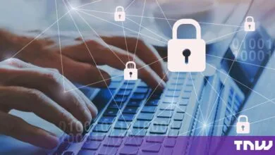 Hands typing on a laptop with glowing blue digital security padlocks and binary code overlays.