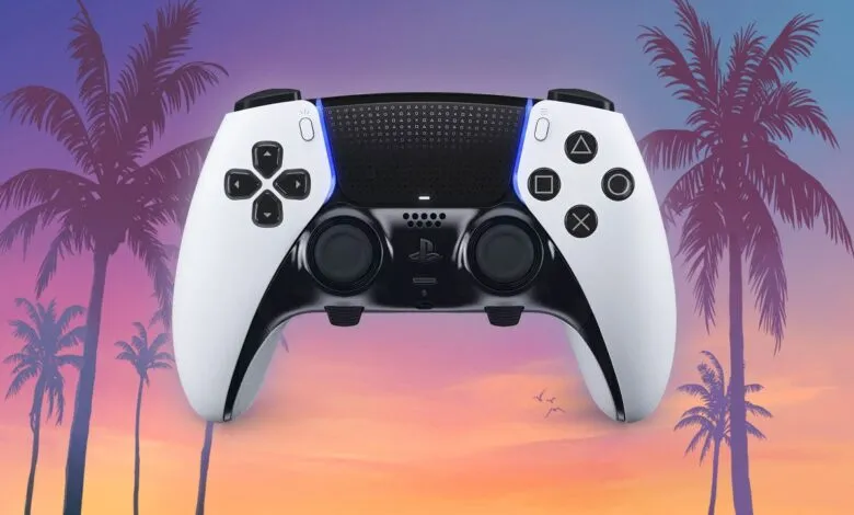 PlayStation DualSense Edge controller against a sunset beach and palm trees background