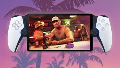PlayStation Portal handheld displaying a bar scene with characters from Grand Theft Auto VI.