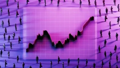 Miniature business people surround a large ascending financial growth chart in purple tones.