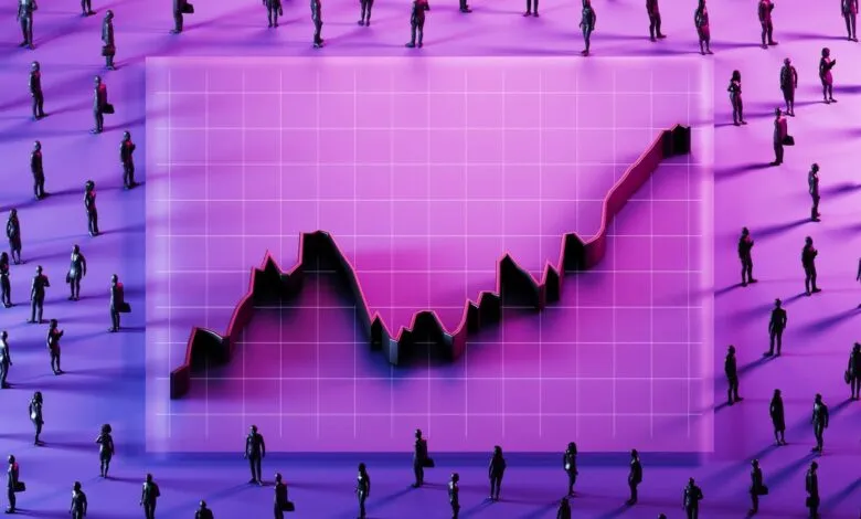 Miniature business people surround a large ascending financial growth chart in purple tones.