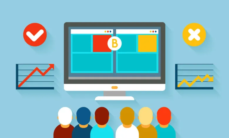 Digital illustration comparing two website variations for split testing with an audience watching