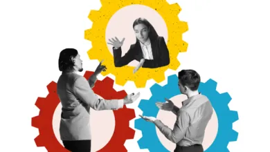 Black and white professionals interacting inside colorful gear shapes on a white background