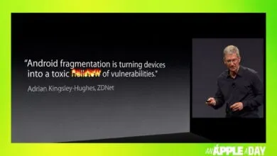 Apple CEO Tim Cook on stage beside a presentation slide quoting Adrian Kingsley-Hughes on Android.