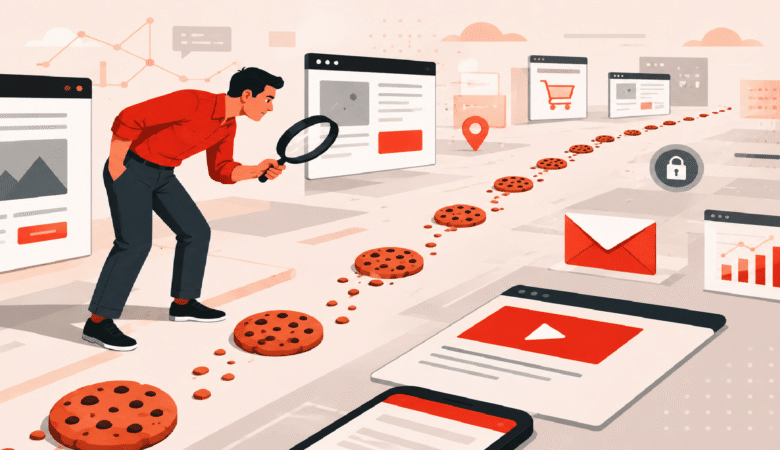 A man uses a magnifying glass to follow a trail of digital cookies across various web pages.