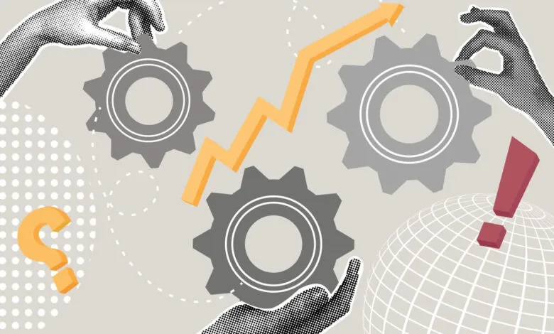 Halftone collage showing hands manipulating gears, an upward arrow, and a globe with an exclamation mark.