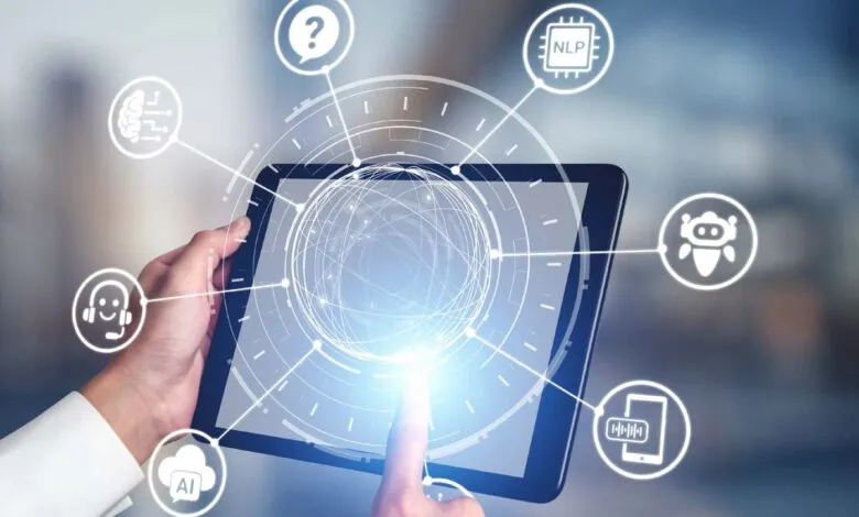 Person holding tablet with glowing futuristic AI network and icons floating around it.
