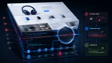 3D visualization of a website audit showing UI, underlying code layers, and a diagnostic workflow.
