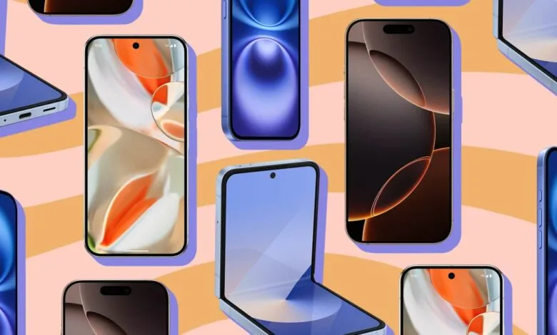 A flatlay collection of modern smartphones showcasing various screens against a peach background