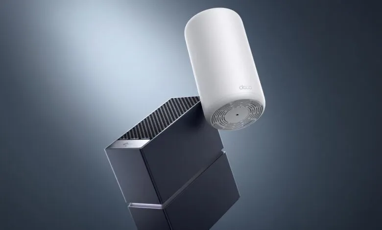 TP-Link Archer router and Deco mesh unit floating against a dark background