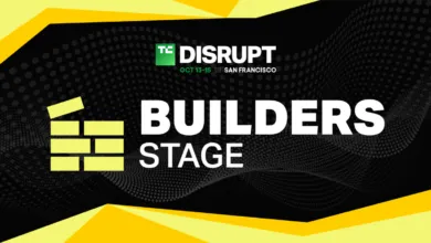 TechCrunch Disrupt Builders Stage branding banner with black, yellow, and white color scheme.
