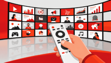 A hand holding a white remote control pointing at a curved screen displaying various digital content tiles.