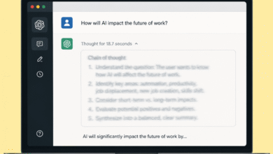 A laptop displaying ChatGPT showing a blurred chain of thought reasoning process on a prompt about AI.