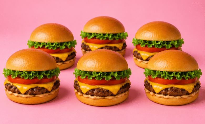 Six classic cheeseburgers arranged in rows against a bright solid pink background
