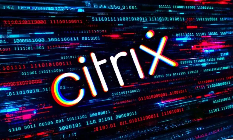 Glowing Citrix logo set against a digital background of binary code in red and blue.