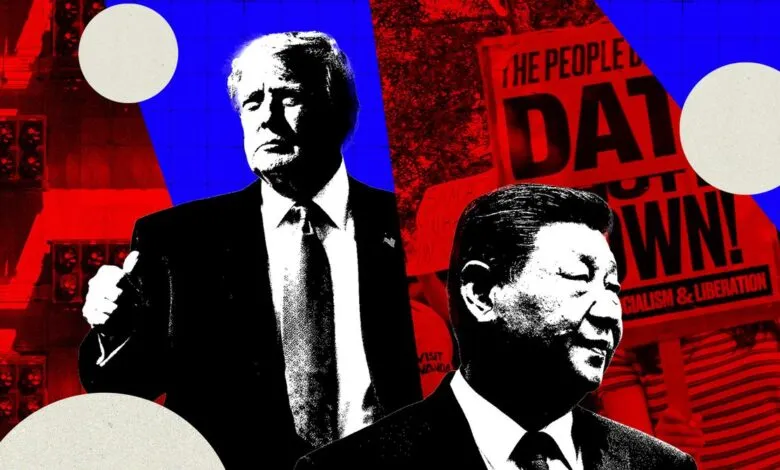 Graphic portrait of Donald Trump and Xi Jinping against a red and blue protest background