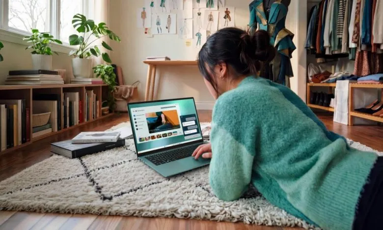 Woman in green sweater lying on a rug, working on a velvet green Dell laptop in her studio.