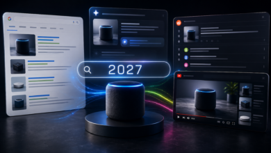 A smart speaker sits before glowing digital interface screens displaying search engines and social platforms.
