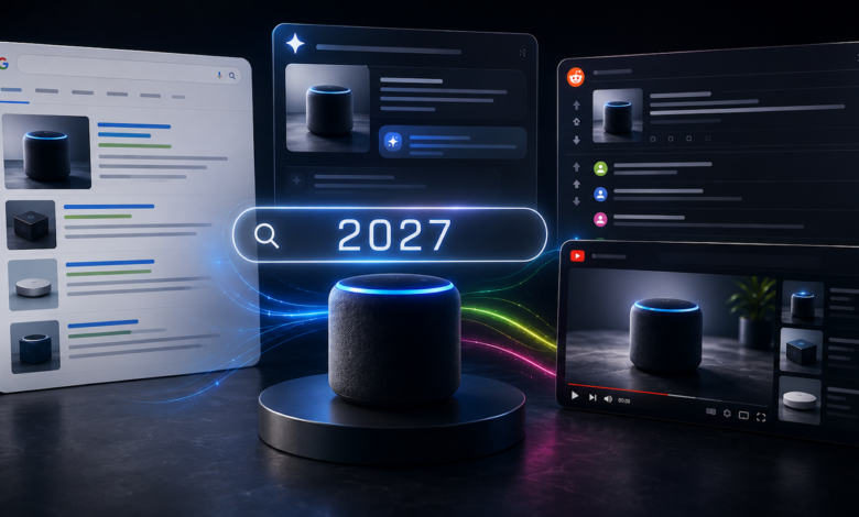 A smart speaker sits before glowing digital interface screens displaying search engines and social platforms.