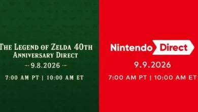 Split-screen graphic announcing The Legend of Zelda 40th Anniversary Direct and Nintendo Direct.