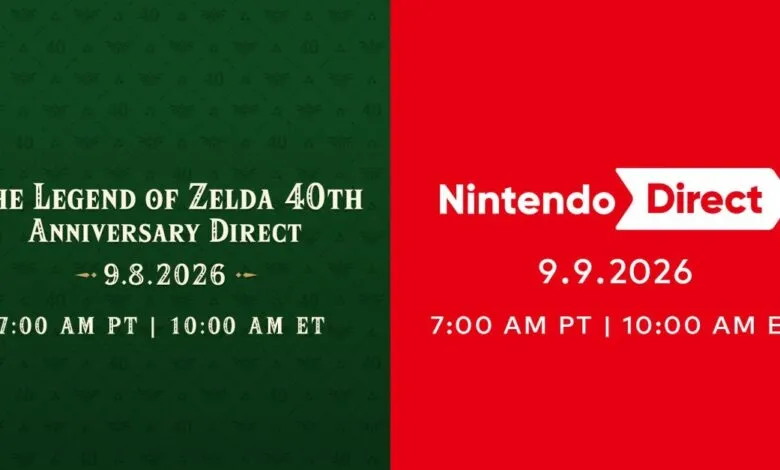 Split-screen graphic announcing The Legend of Zelda 40th Anniversary Direct and Nintendo Direct.