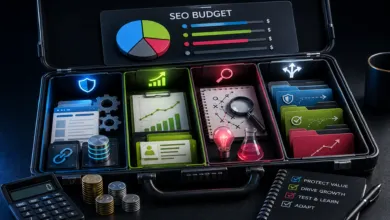 An open briefcase organized with compartments displaying SEO budget charts, analytics, and strategy tools.