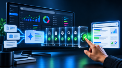A glowing digital dashboard illustrating an AI governance framework for search engine optimization.