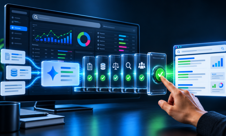 A glowing digital dashboard illustrating an AI governance framework for search engine optimization.