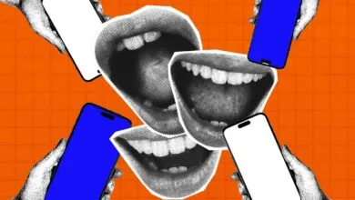 Collage featuring hands holding smartphones and cut-out black and white halftone mouths on orange grid.