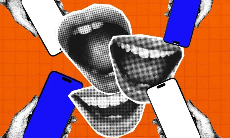 Collage featuring hands holding smartphones and cut-out black and white halftone mouths on orange grid.
