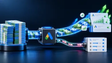 3D render showing stacks of money flowing through a Google Ads processor into manual and automated paths.