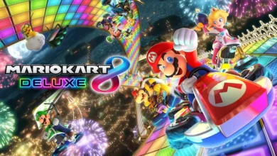 Mario and other characters racing on a glowing rainbow track in Mario Kart 8 Deluxe