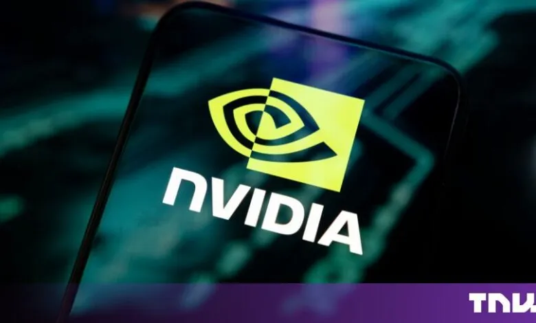 Nvidia logo displayed brightly on a modern smartphone screen with a blurred tech background
