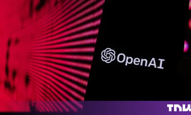 Smartphone screen displaying the OpenAI logo against a dark and red background.