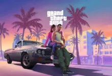 Lucia and Jason pose against a vintage car with palm trees and a vibrant sunset in GTA VI key art.