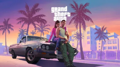 Lucia and Jason pose against a vintage car with palm trees and a vibrant sunset in GTA VI key art.