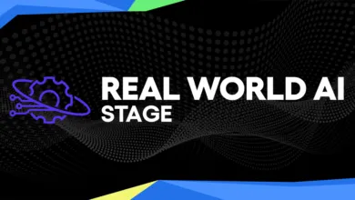 Digital graphic featuring text Real World AI Stage with a glowing purple gear and circuit icon.