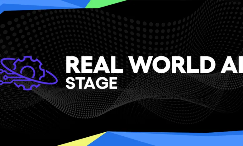 Digital graphic featuring text Real World AI Stage with a glowing purple gear and circuit icon.