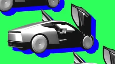 Sleek silver Tesla Robotaxi concept with open butterfly doors against a green and blue background.