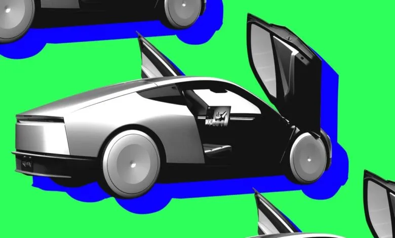 Sleek silver Tesla Robotaxi concept with open butterfly doors against a green and blue background.