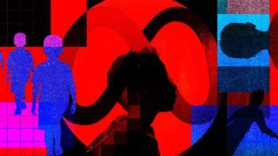 Abstract digital illustration featuring silhouettes of children against a red and blue Meta logo.