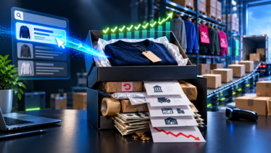 A glowing UI interface connected to an open box with a sweater, cash, and financial documents.