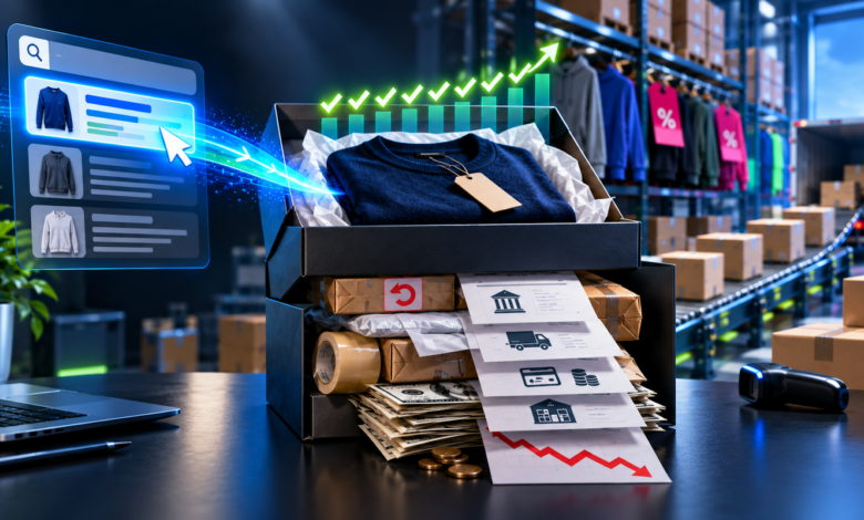 A glowing UI interface connected to an open box with a sweater, cash, and financial documents.